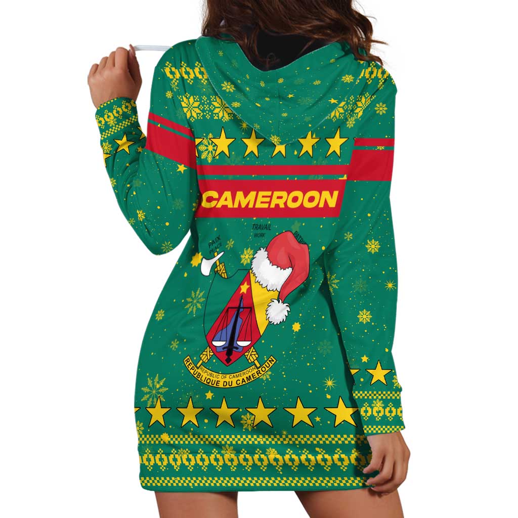Cameroon Christmas Hoodie Dress with Green Red Pattern Coat of Arms Santa Hat and Stars Motif - Wonder Print Shop