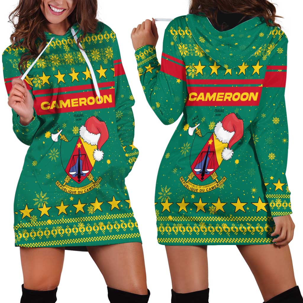 Cameroon Christmas Hoodie Dress with Green Red Pattern Coat of Arms Santa Hat and Stars Motif - Wonder Print Shop