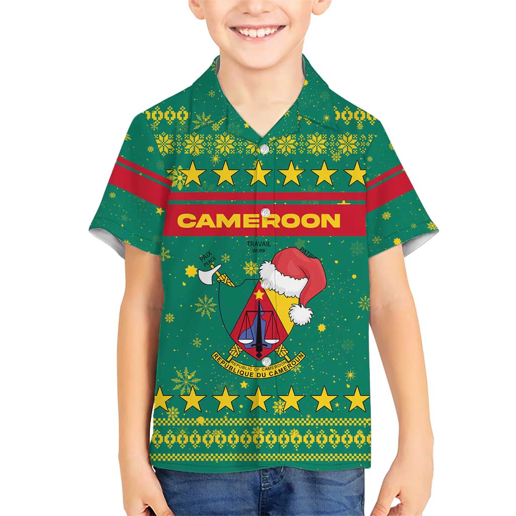 Cameroon Christmas Kid Hawaiian Shirt with Green Red Pattern Coat of Arms Santa Hat and Stars Motif - Wonder Print Shop
