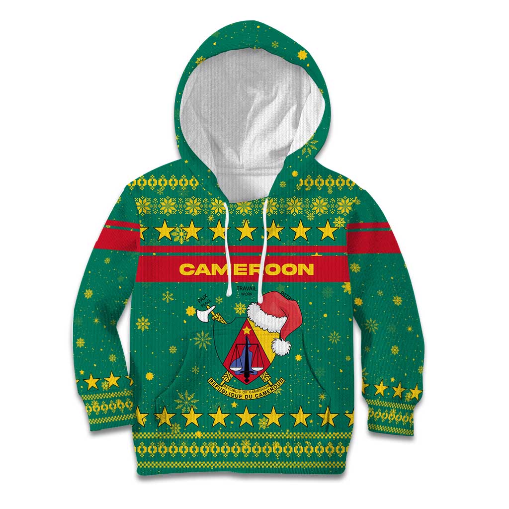 Cameroon Christmas Kid Hoodie with Green Red Pattern Coat of Arms Santa Hat and Stars Motif - Wonder Print Shop