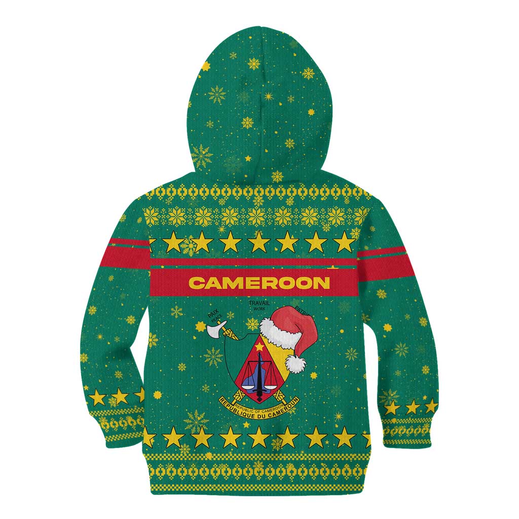 Cameroon Christmas Kid Hoodie with Green Red Pattern Coat of Arms Santa Hat and Stars Motif - Wonder Print Shop