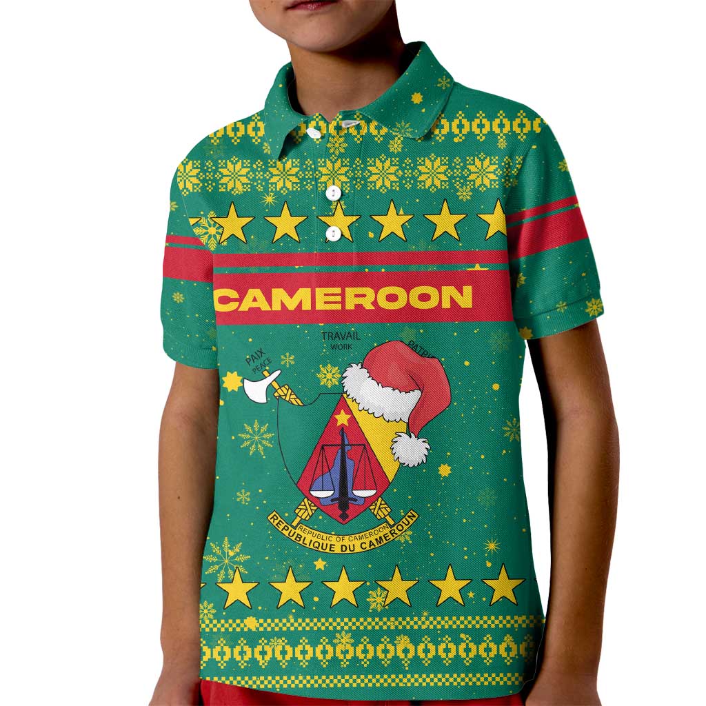 Cameroon Christmas Kid Polo Shirt with Green Red Pattern Coat of Arms Santa Hat and Stars Motif - Wonder Print Shop