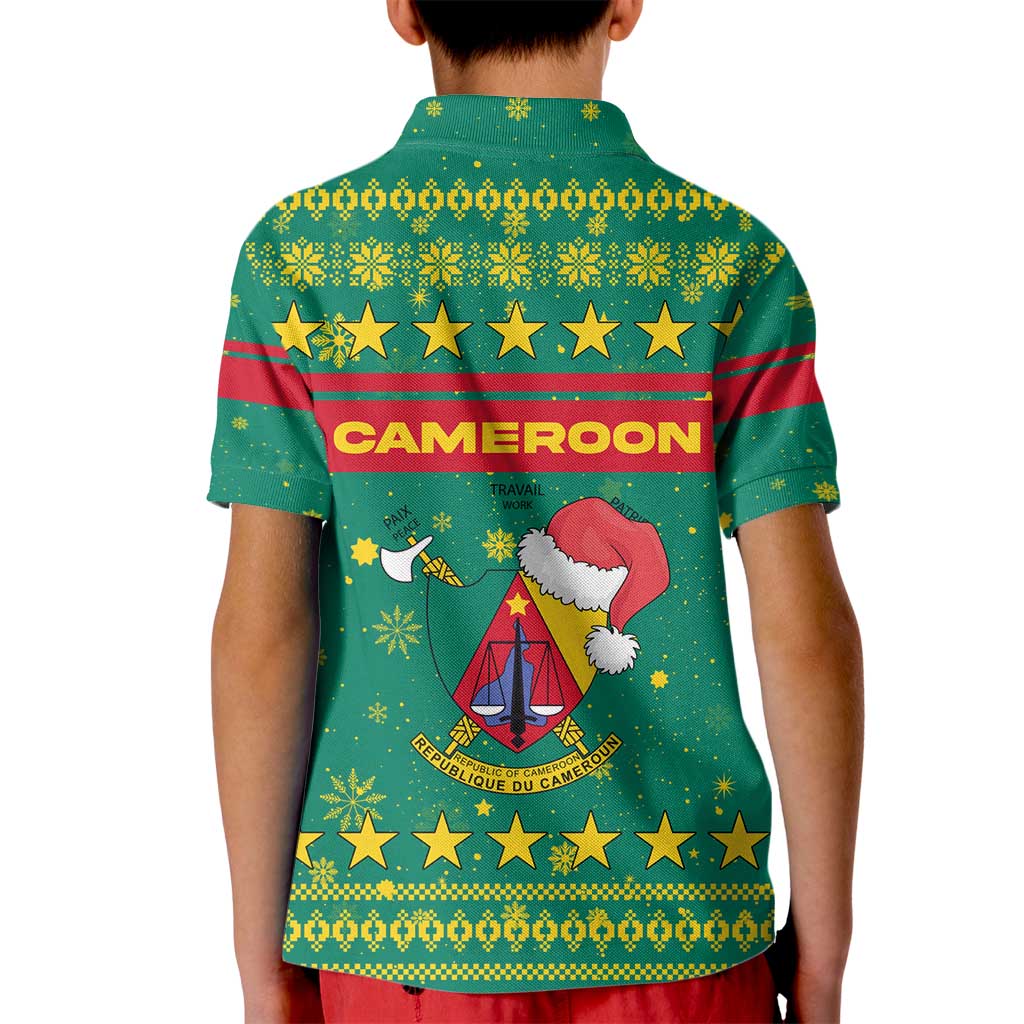 Cameroon Christmas Kid Polo Shirt with Green Red Pattern Coat of Arms Santa Hat and Stars Motif - Wonder Print Shop