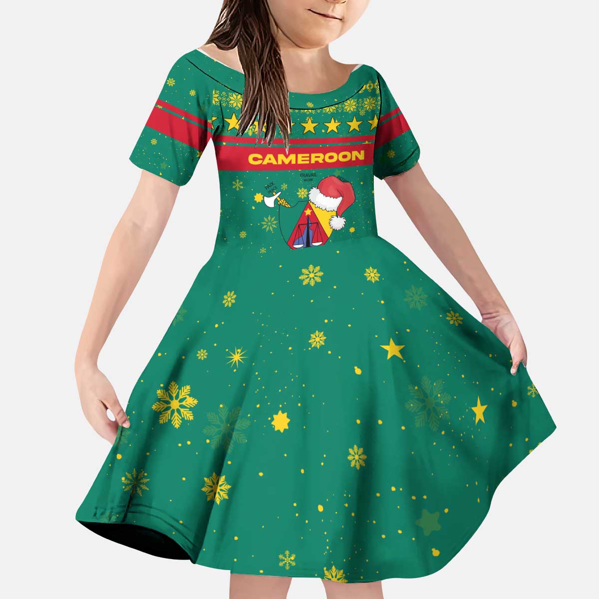 Cameroon Christmas Kid Short Sleeve Dress with Green Red Pattern Coat of Arms Santa Hat and Stars Motif - Wonder Print Shop