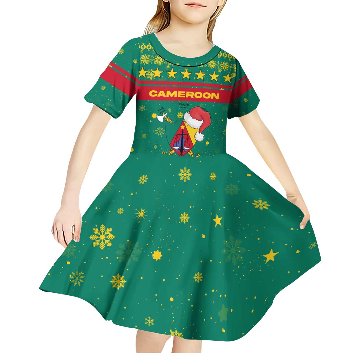 Cameroon Christmas Kid Short Sleeve Dress with Green Red Pattern Coat of Arms Santa Hat and Stars Motif - Wonder Print Shop