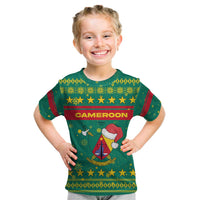 Cameroon Christmas Kid T Shirt with Green Red Pattern Coat of Arms Santa Hat and Stars Motif - Wonder Print Shop