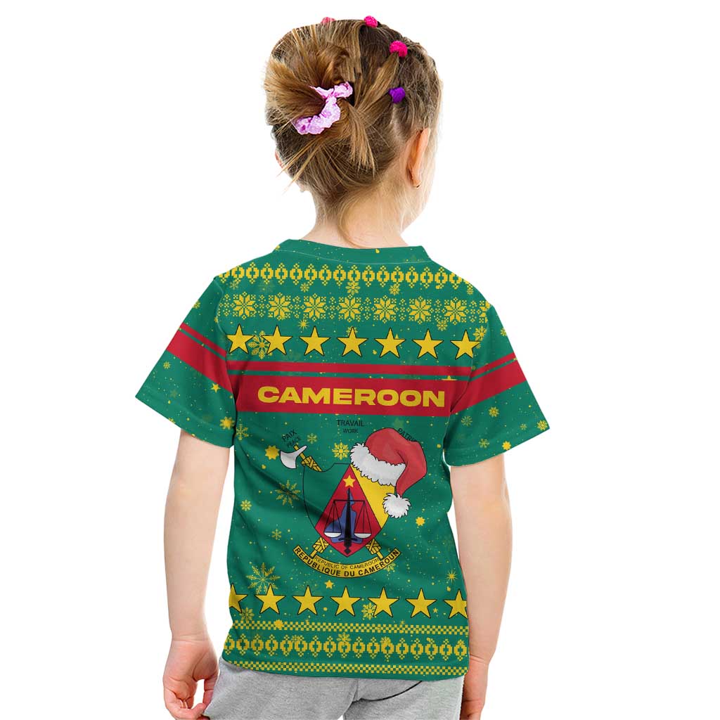Cameroon Christmas Kid T Shirt with Green Red Pattern Coat of Arms Santa Hat and Stars Motif - Wonder Print Shop