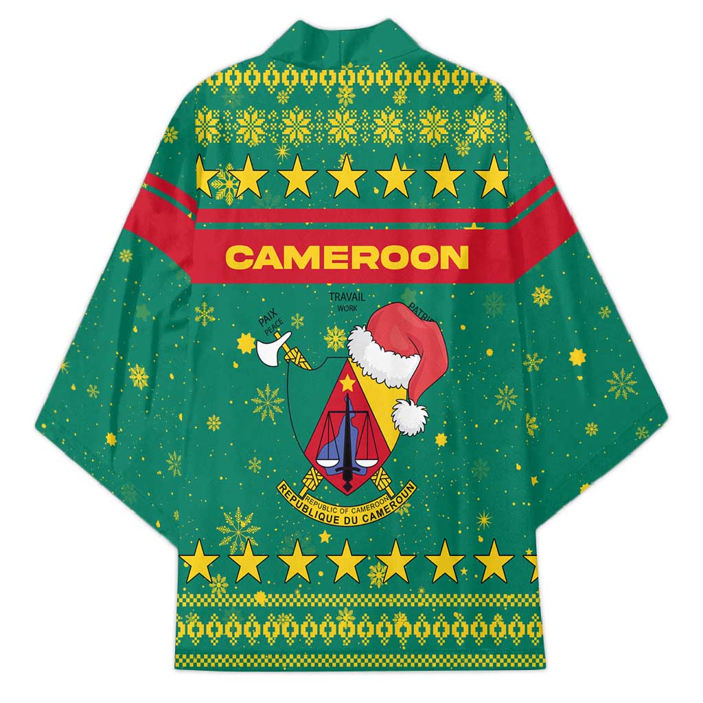 Cameroon Christmas Kimono with Green Red Pattern Coat of Arms Santa Hat and Stars Motif - Wonder Print Shop