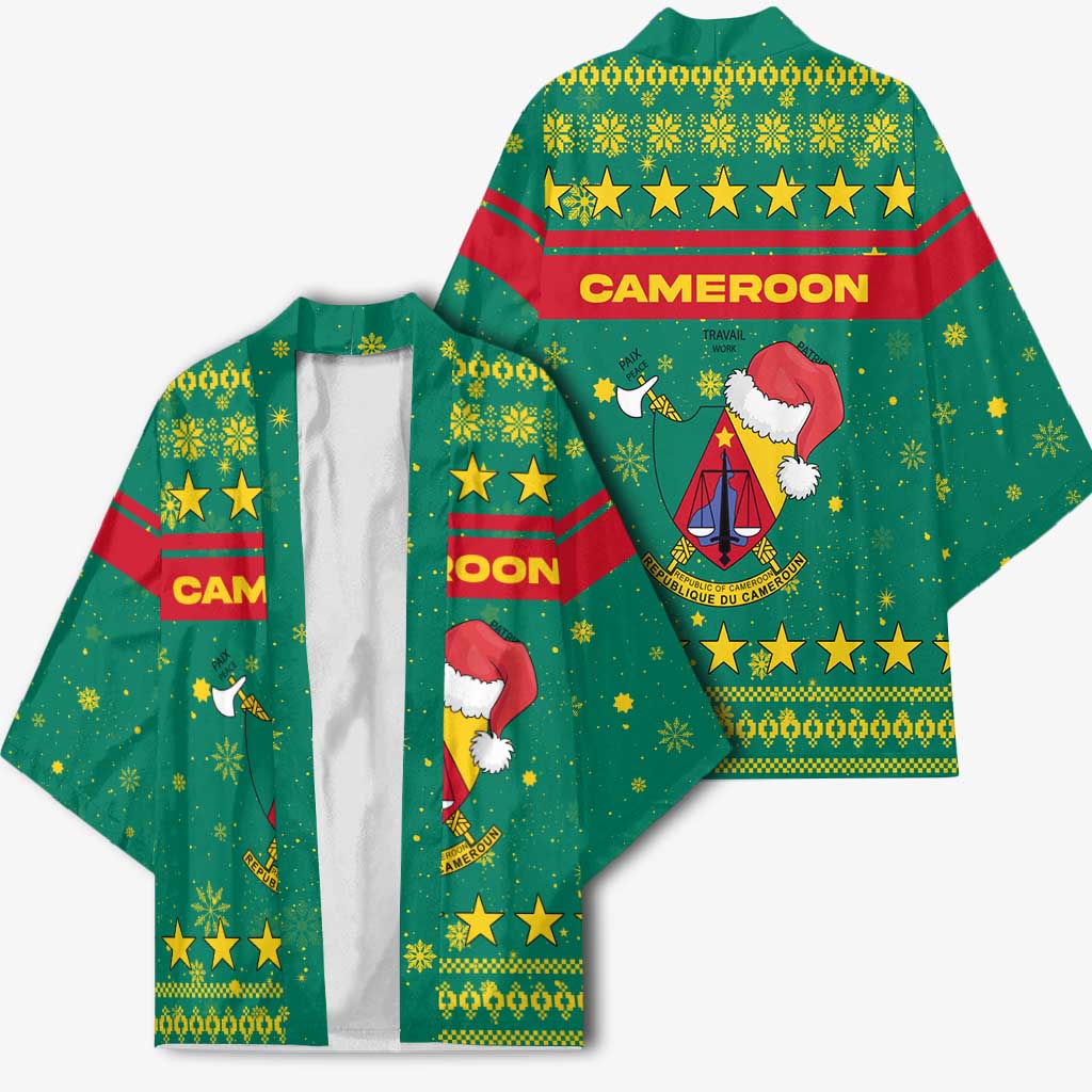 Cameroon Christmas Kimono with Green Red Pattern Coat of Arms Santa Hat and Stars Motif - Wonder Print Shop