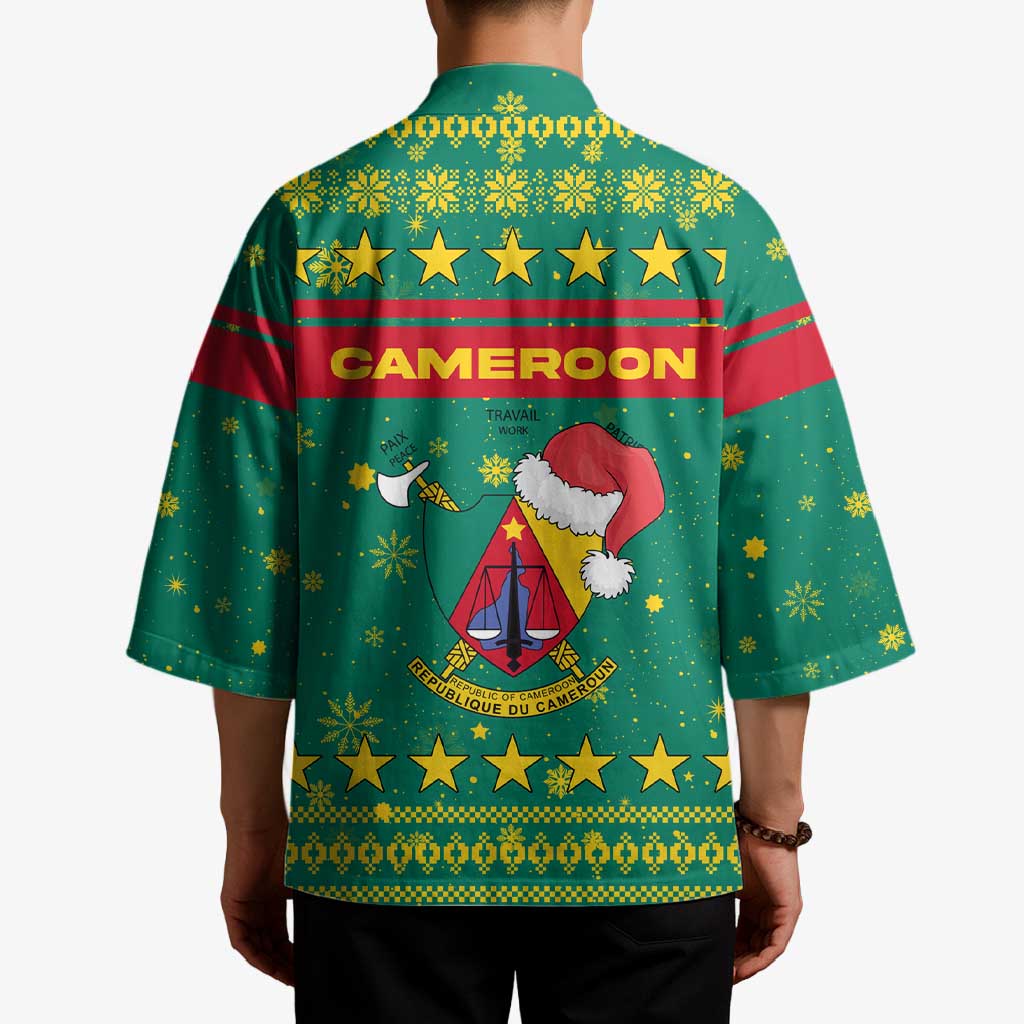 Cameroon Christmas Kimono with Green Red Pattern Coat of Arms Santa Hat and Stars Motif - Wonder Print Shop