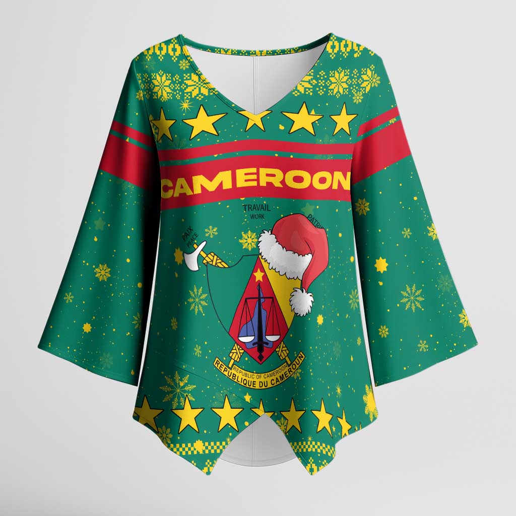 Cameroon Christmas Kimono Sleeve Blouse with Green Red Pattern Coat of Arms Santa Hat and Stars Motif - Wonder Print Shop