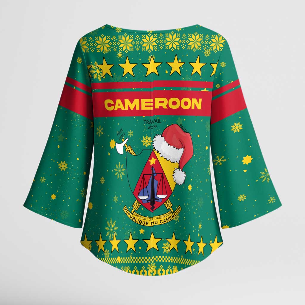 Cameroon Christmas Kimono Sleeve Blouse with Green Red Pattern Coat of Arms Santa Hat and Stars Motif - Wonder Print Shop