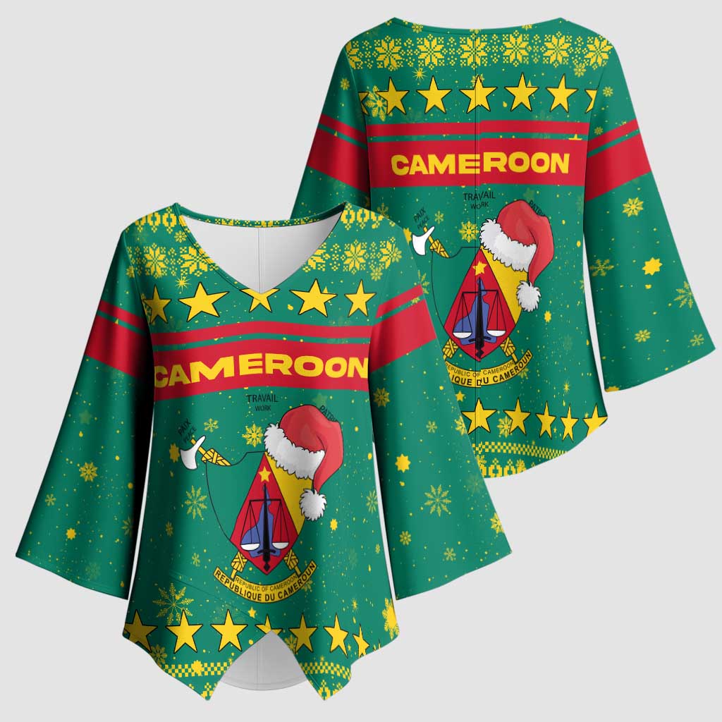 Cameroon Christmas Kimono Sleeve Blouse with Green Red Pattern Coat of Arms Santa Hat and Stars Motif - Wonder Print Shop