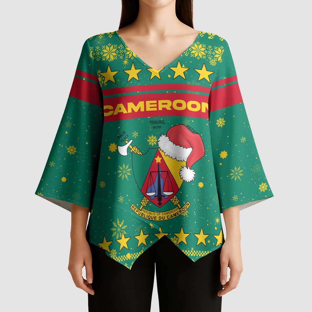 Cameroon Christmas Kimono Sleeve Blouse with Green Red Pattern Coat of Arms Santa Hat and Stars Motif - Wonder Print Shop