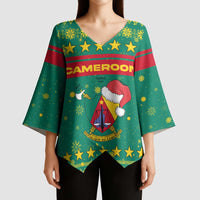 Cameroon Christmas Kimono Sleeve Blouse with Green Red Pattern Coat of Arms Santa Hat and Stars Motif - Wonder Print Shop