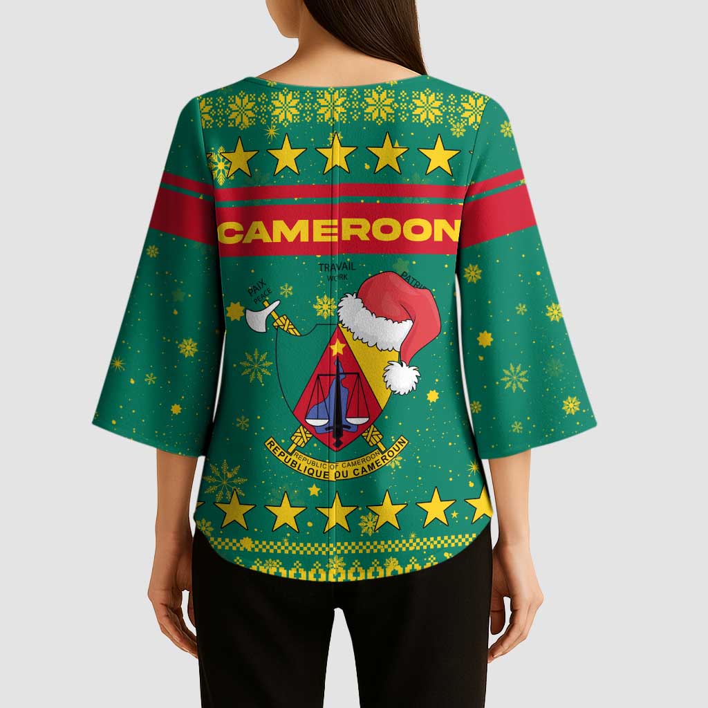 Cameroon Christmas Kimono Sleeve Blouse with Green Red Pattern Coat of Arms Santa Hat and Stars Motif - Wonder Print Shop