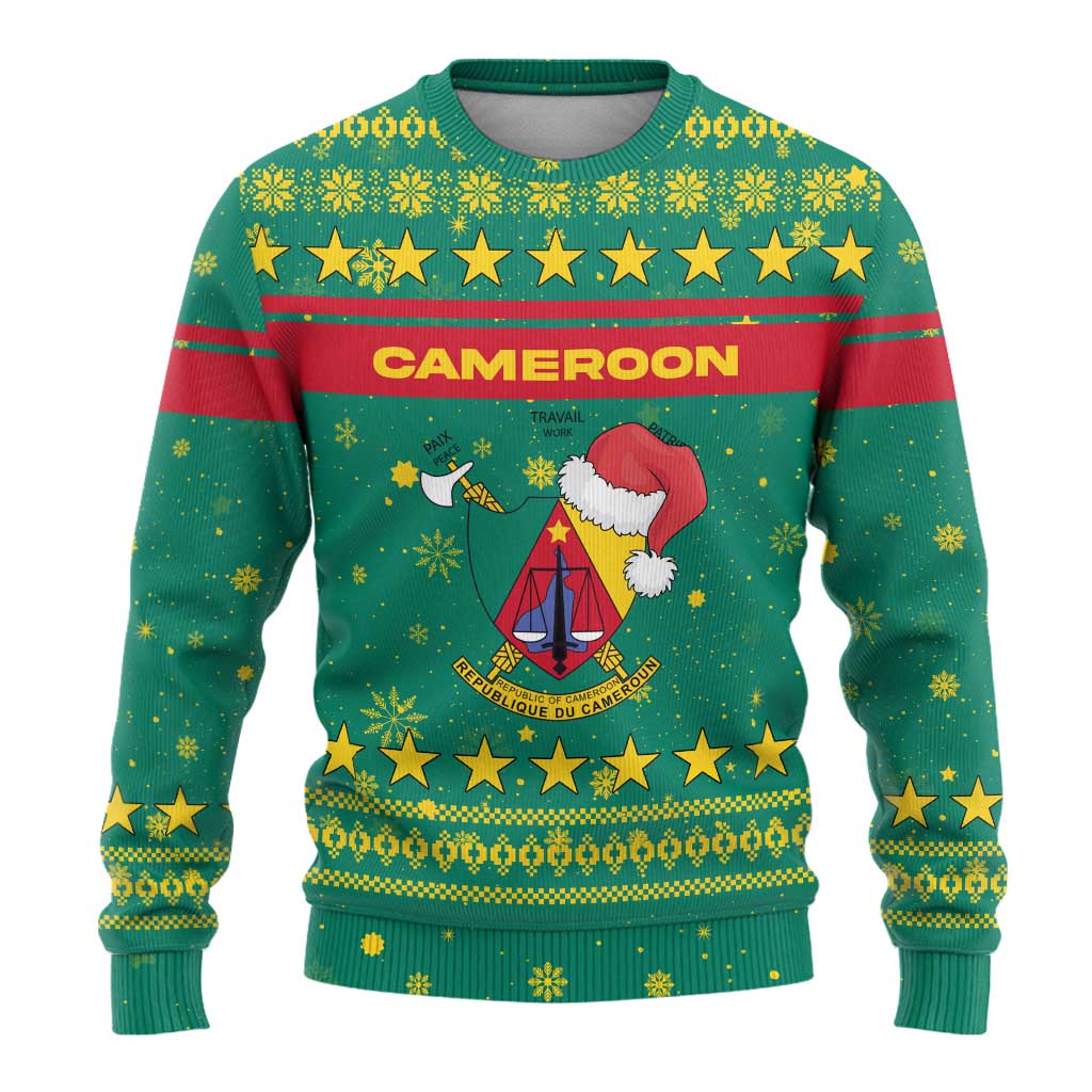Cameroon Christmas Ugly Christmas Sweater with Green Red Pattern Coat of Arms Santa Hat and Stars Motif - Wonder Print Shop
