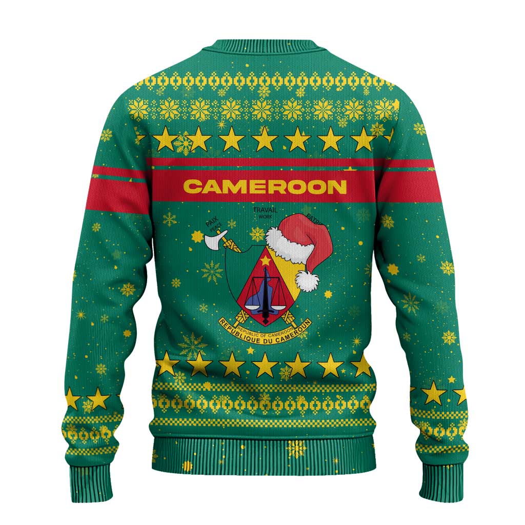 Cameroon Christmas Ugly Christmas Sweater with Green Red Pattern Coat of Arms Santa Hat and Stars Motif - Wonder Print Shop