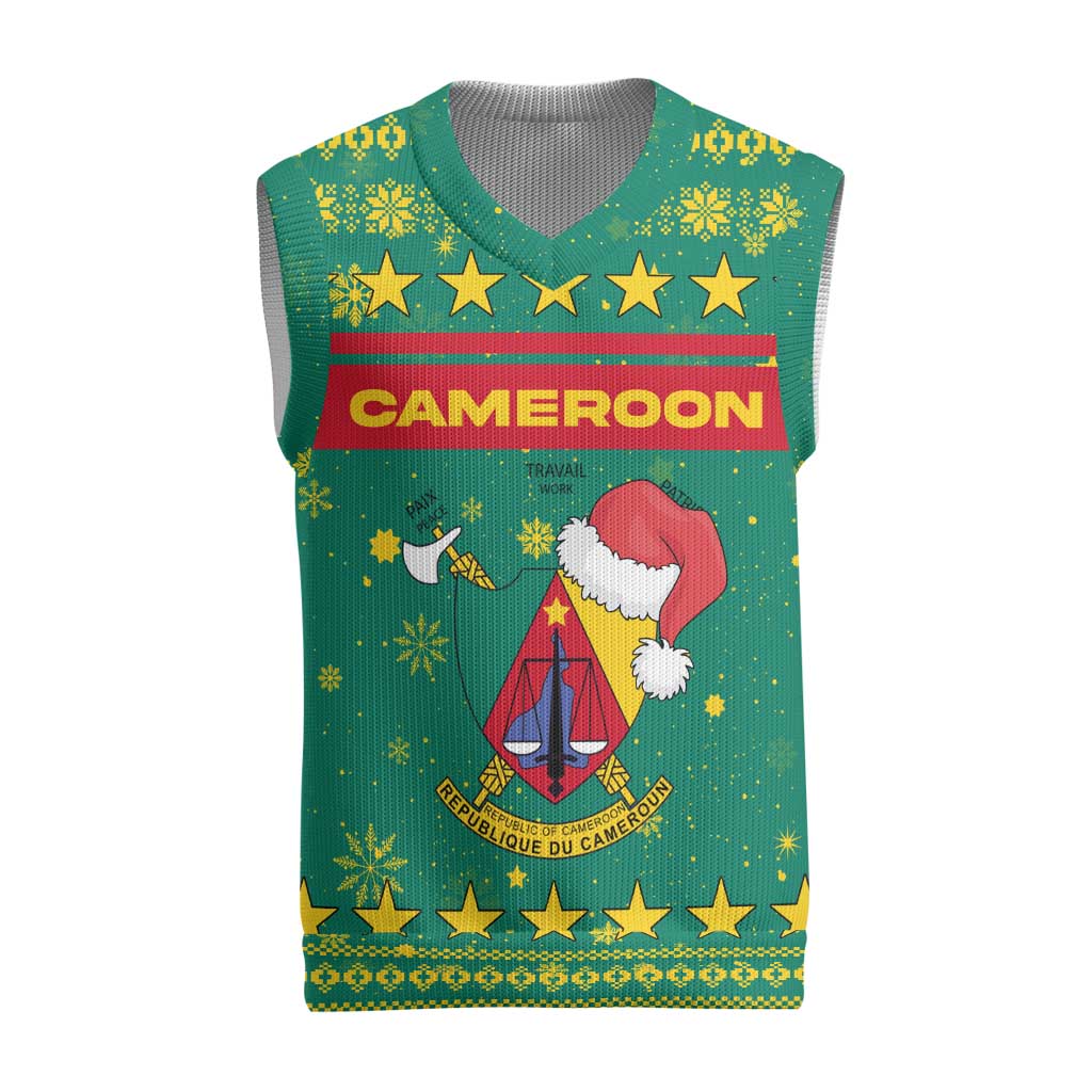 Cameroon Christmas Knitted V-Neck Vest with Green Red Pattern Coat of Arms Santa Hat and Stars Motif - Wonder Print Shop