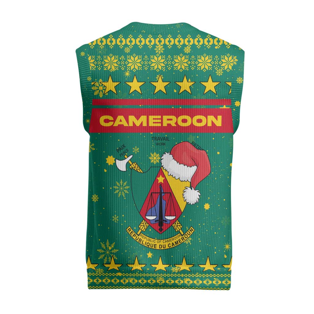 Cameroon Christmas Knitted V-Neck Vest with Green Red Pattern Coat of Arms Santa Hat and Stars Motif - Wonder Print Shop