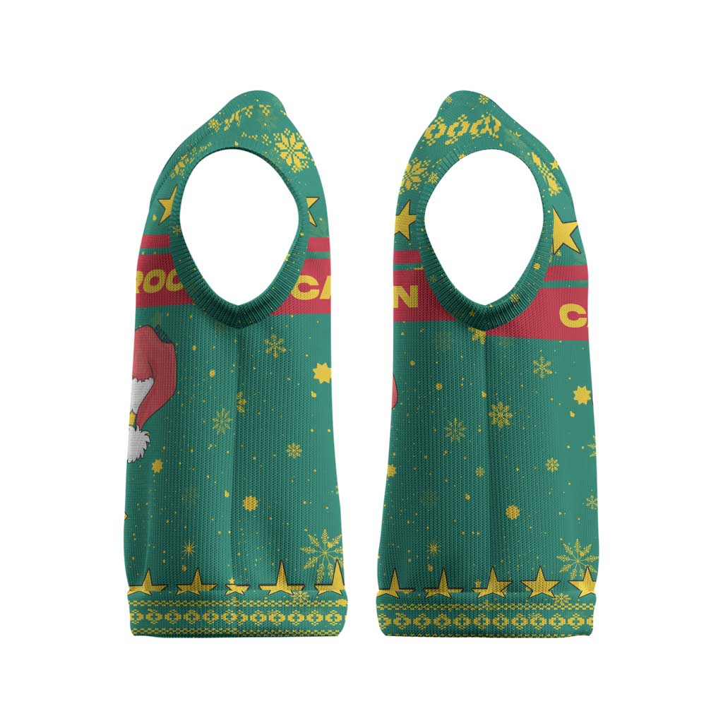 Cameroon Christmas Knitted V-Neck Vest with Green Red Pattern Coat of Arms Santa Hat and Stars Motif - Wonder Print Shop