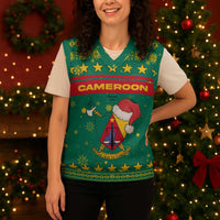 Cameroon Christmas Knitted V-Neck Vest with Green Red Pattern Coat of Arms Santa Hat and Stars Motif - Wonder Print Shop