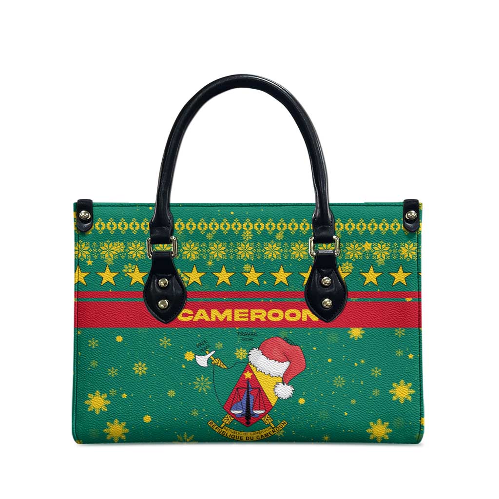 Cameroon Christmas Leather Bag with Green Red Pattern Coat of Arms Santa Hat and Stars Motif - Wonder Print Shop