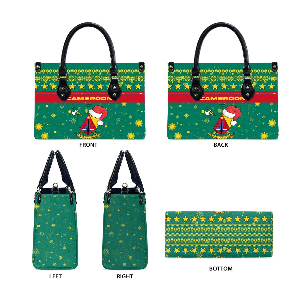 Cameroon Christmas Leather Bag with Green Red Pattern Coat of Arms Santa Hat and Stars Motif - Wonder Print Shop