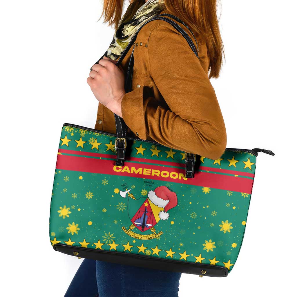 Cameroon Christmas Leather Tote Bag with Green Red Pattern Coat of Arms Santa Hat and Stars Motif - Wonder Print Shop