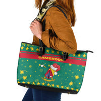 Cameroon Christmas Leather Tote Bag with Green Red Pattern Coat of Arms Santa Hat and Stars Motif - Wonder Print Shop