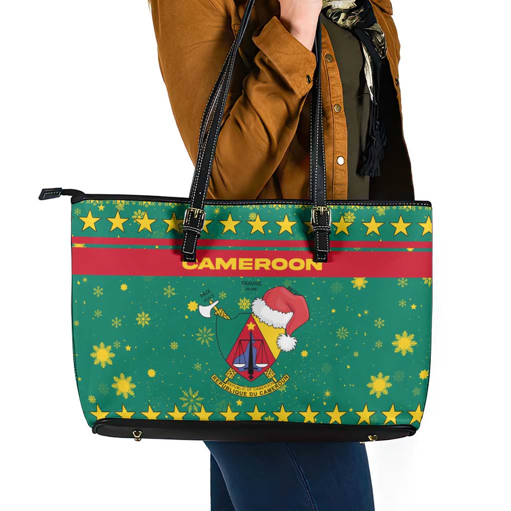Cameroon Christmas Leather Tote Bag with Green Red Pattern Coat of Arms Santa Hat and Stars Motif - Wonder Print Shop