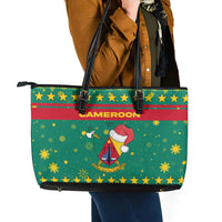 Cameroon Christmas Leather Tote Bag with Green Red Pattern Coat of Arms Santa Hat and Stars Motif - Wonder Print Shop