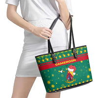 Cameroon Christmas Leather Tote Bag with Green Red Pattern Coat of Arms Santa Hat and Stars Motif - Wonder Print Shop