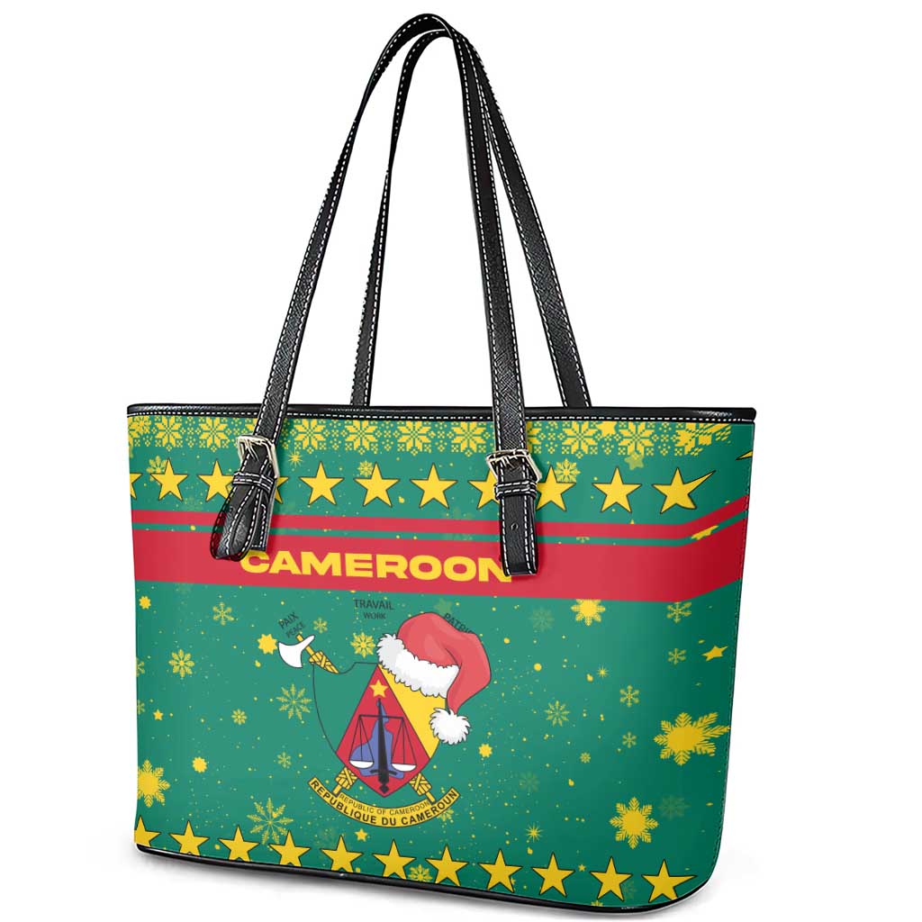 Cameroon Christmas Leather Tote Bag with Green Red Pattern Coat of Arms Santa Hat and Stars Motif - Wonder Print Shop