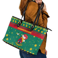 Cameroon Christmas Leather Tote Bag with Green Red Pattern Coat of Arms Santa Hat and Stars Motif - Wonder Print Shop
