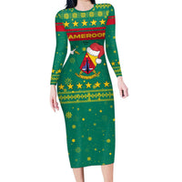 Cameroon Christmas Long Sleeve Bodycon Dress with Green Red Pattern Coat of Arms Santa Hat and Stars Motif - Wonder Print Shop