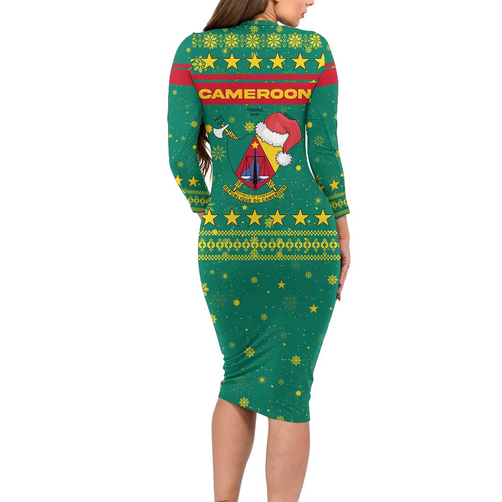 Cameroon Christmas Long Sleeve Bodycon Dress with Green Red Pattern Coat of Arms Santa Hat and Stars Motif - Wonder Print Shop