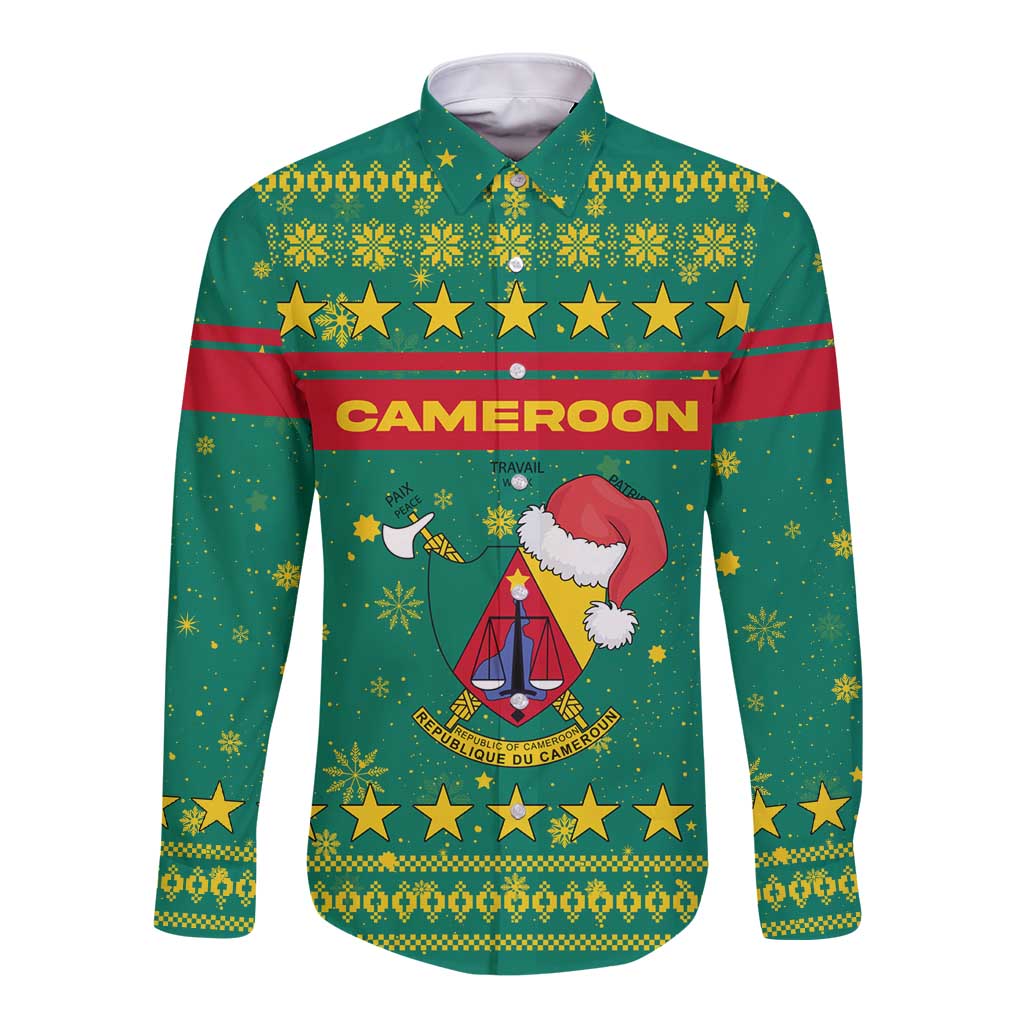 Cameroon Christmas Long Sleeve Button Shirt with Green Red Pattern Coat of Arms Santa Hat and Stars Motif - Wonder Print Shop