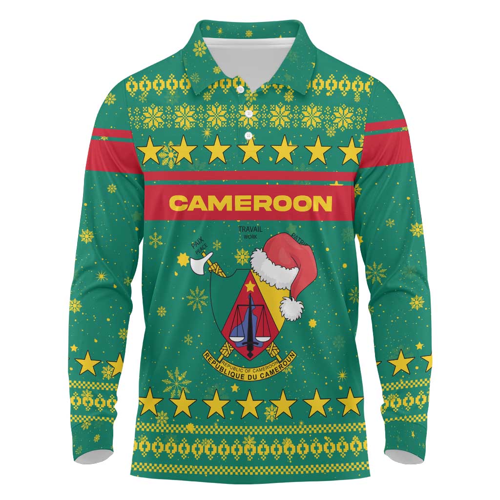 Cameroon Christmas Long Sleeve Polo Shirt with Green Red Pattern Coat of Arms Santa Hat and Stars Motif - Wonder Print Shop