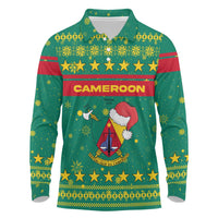 Cameroon Christmas Long Sleeve Polo Shirt with Green Red Pattern Coat of Arms Santa Hat and Stars Motif - Wonder Print Shop