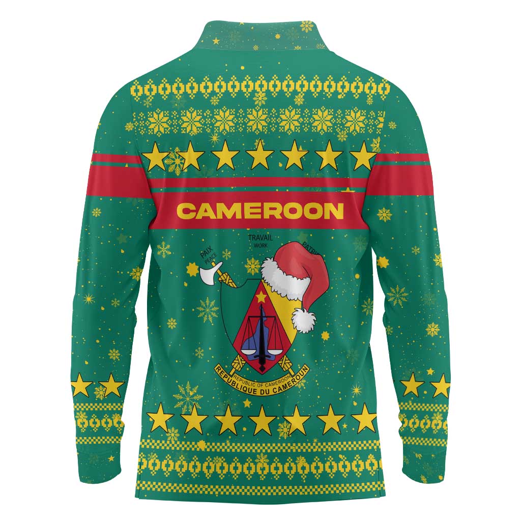 Cameroon Christmas Long Sleeve Polo Shirt with Green Red Pattern Coat of Arms Santa Hat and Stars Motif - Wonder Print Shop