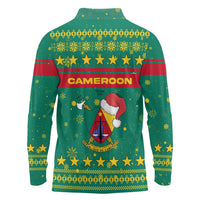 Cameroon Christmas Long Sleeve Polo Shirt with Green Red Pattern Coat of Arms Santa Hat and Stars Motif - Wonder Print Shop