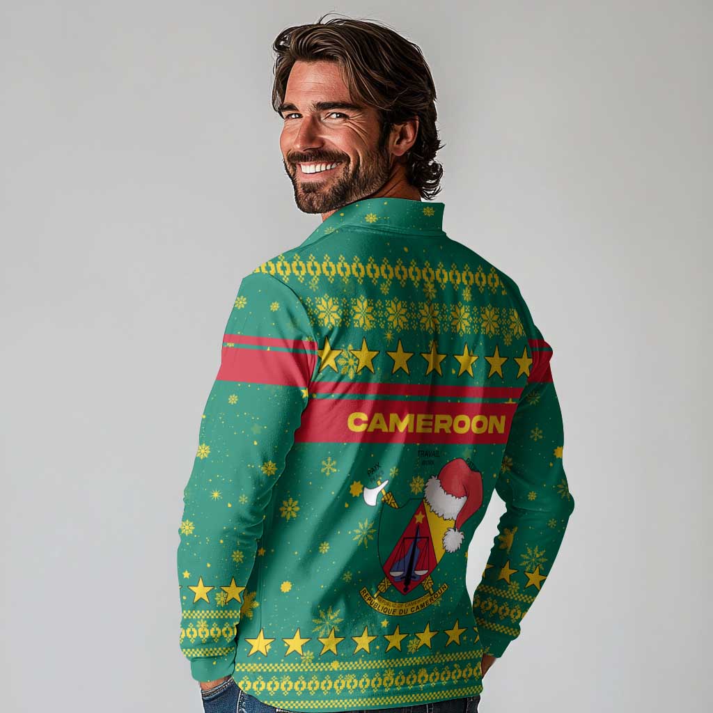 Cameroon Christmas Long Sleeve Polo Shirt with Green Red Pattern Coat of Arms Santa Hat and Stars Motif - Wonder Print Shop