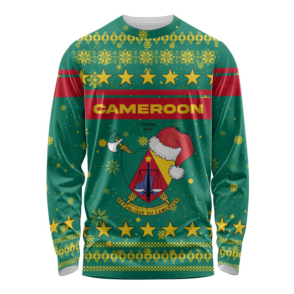 Cameroon Christmas Long Sleeve Shirt with Green Red Pattern Coat of Arms Santa Hat and Stars Motif - Wonder Print Shop