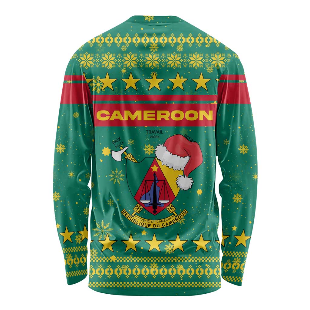 Cameroon Christmas Long Sleeve Shirt with Green Red Pattern Coat of Arms Santa Hat and Stars Motif - Wonder Print Shop