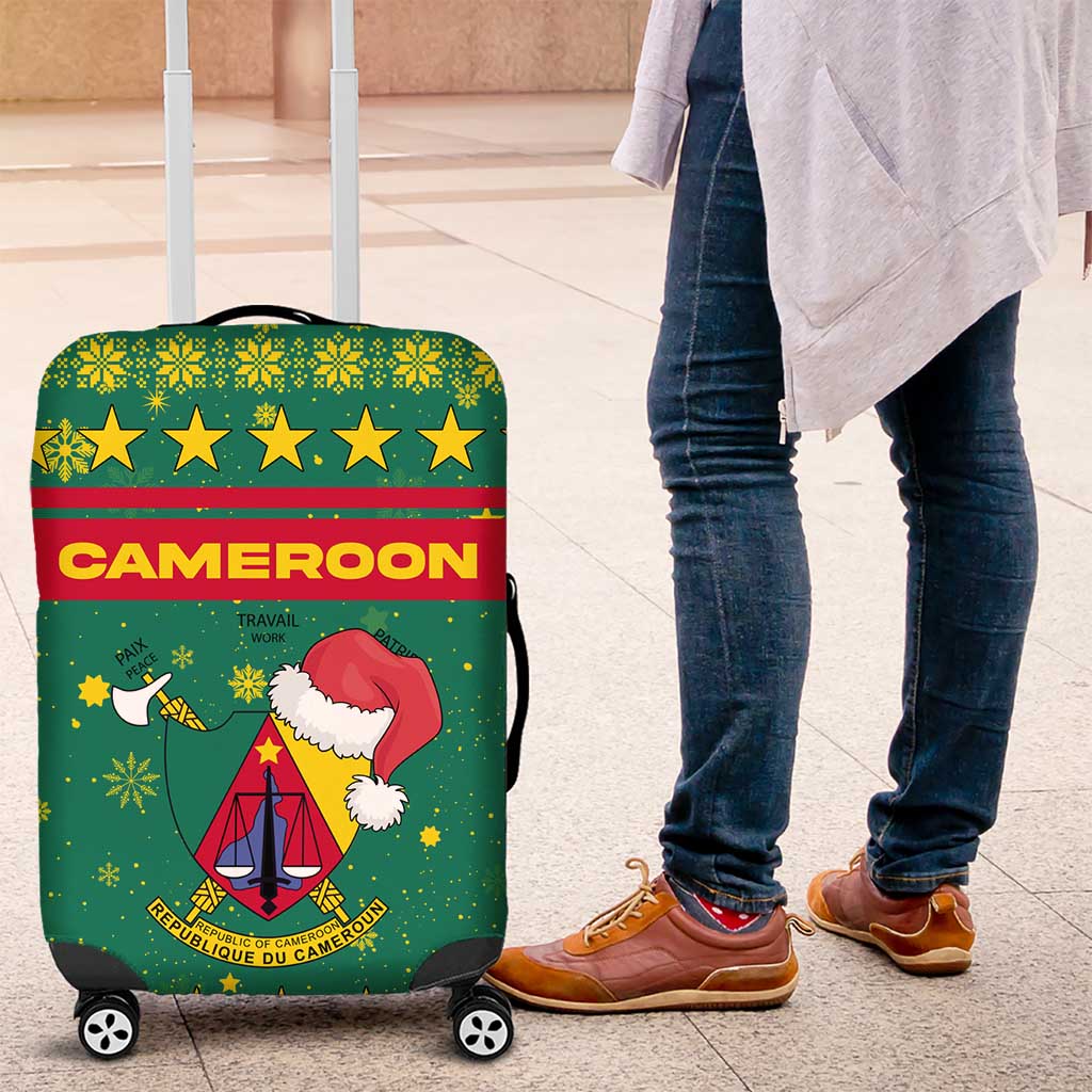 Cameroon Christmas Luggage Cover with Green Red Pattern Coat of Arms Santa Hat and Stars Motif - Wonder Print Shop