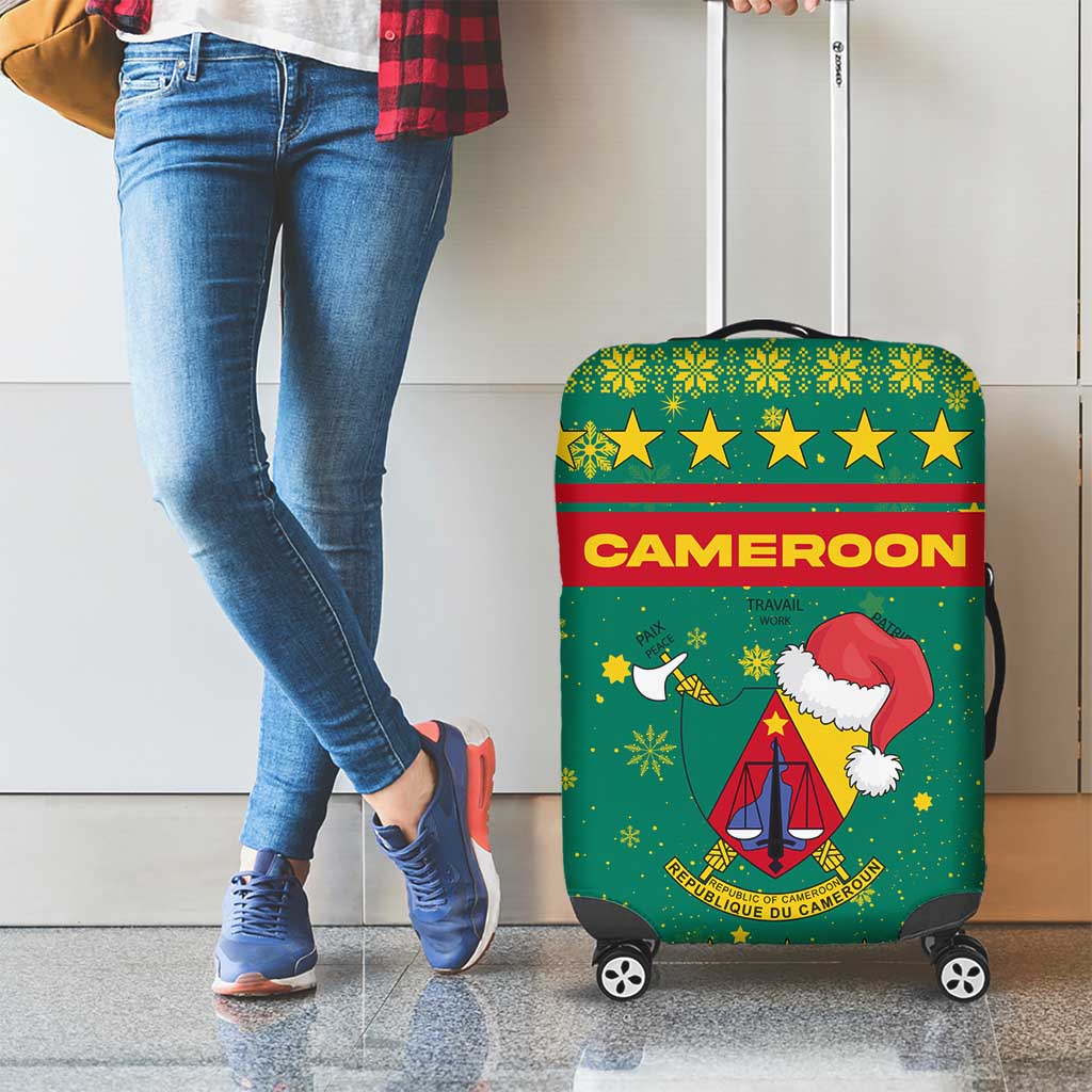 Cameroon Christmas Luggage Cover with Green Red Pattern Coat of Arms Santa Hat and Stars Motif - Wonder Print Shop