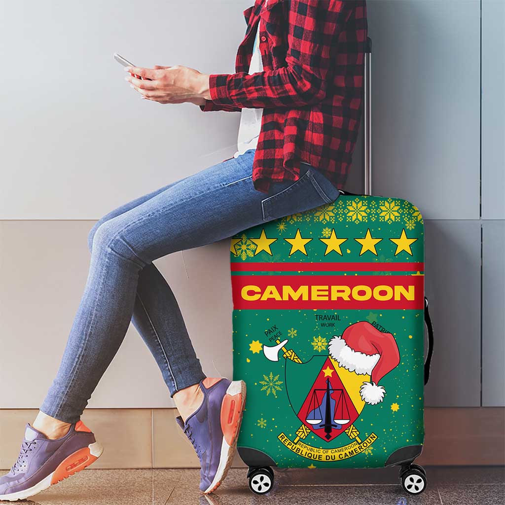 Cameroon Christmas Luggage Cover with Green Red Pattern Coat of Arms Santa Hat and Stars Motif - Wonder Print Shop