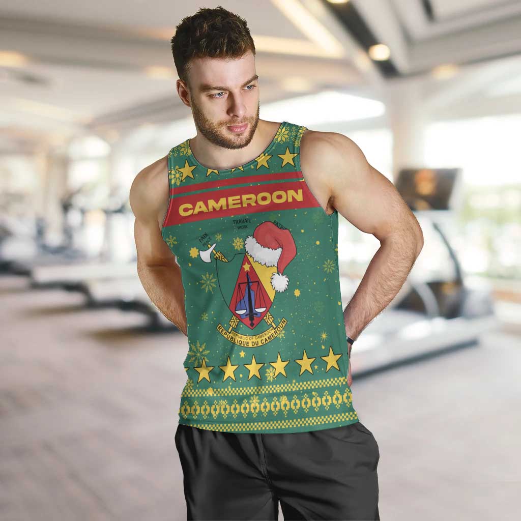 Cameroon Christmas Men Tank Top with Green Red Pattern Coat of Arms Santa Hat and Stars Motif - Wonder Print Shop