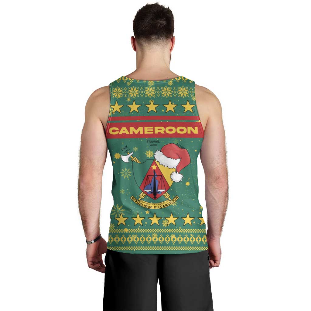Cameroon Christmas Men Tank Top with Green Red Pattern Coat of Arms Santa Hat and Stars Motif - Wonder Print Shop